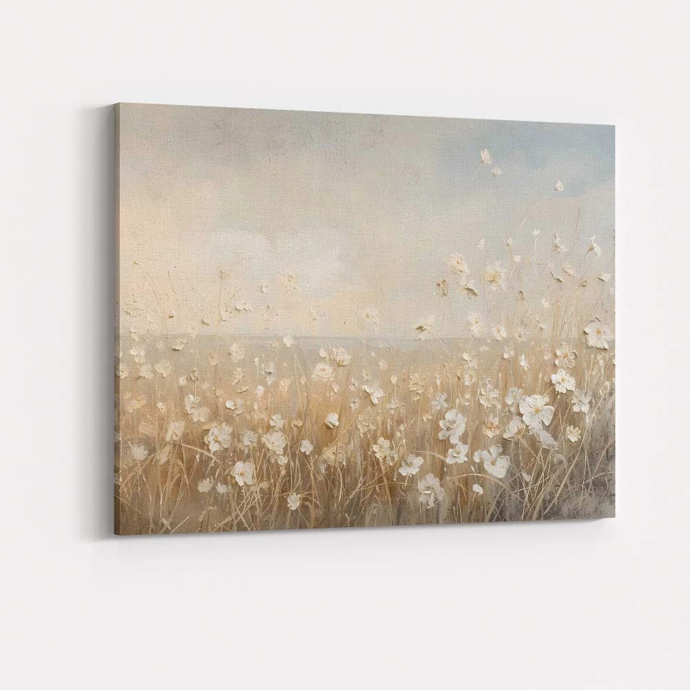 Delicate Ivory Wildflower Meadow Neutral Botanical Landscape Canvas Wall Art Print Decor Picture Ready to Hang