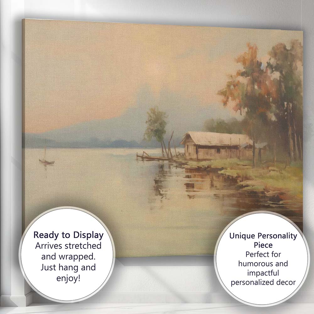 Calm Lakeside Cabin Autumn Landscape Canvas Wall Art Print Decor Picture Ready to Hang