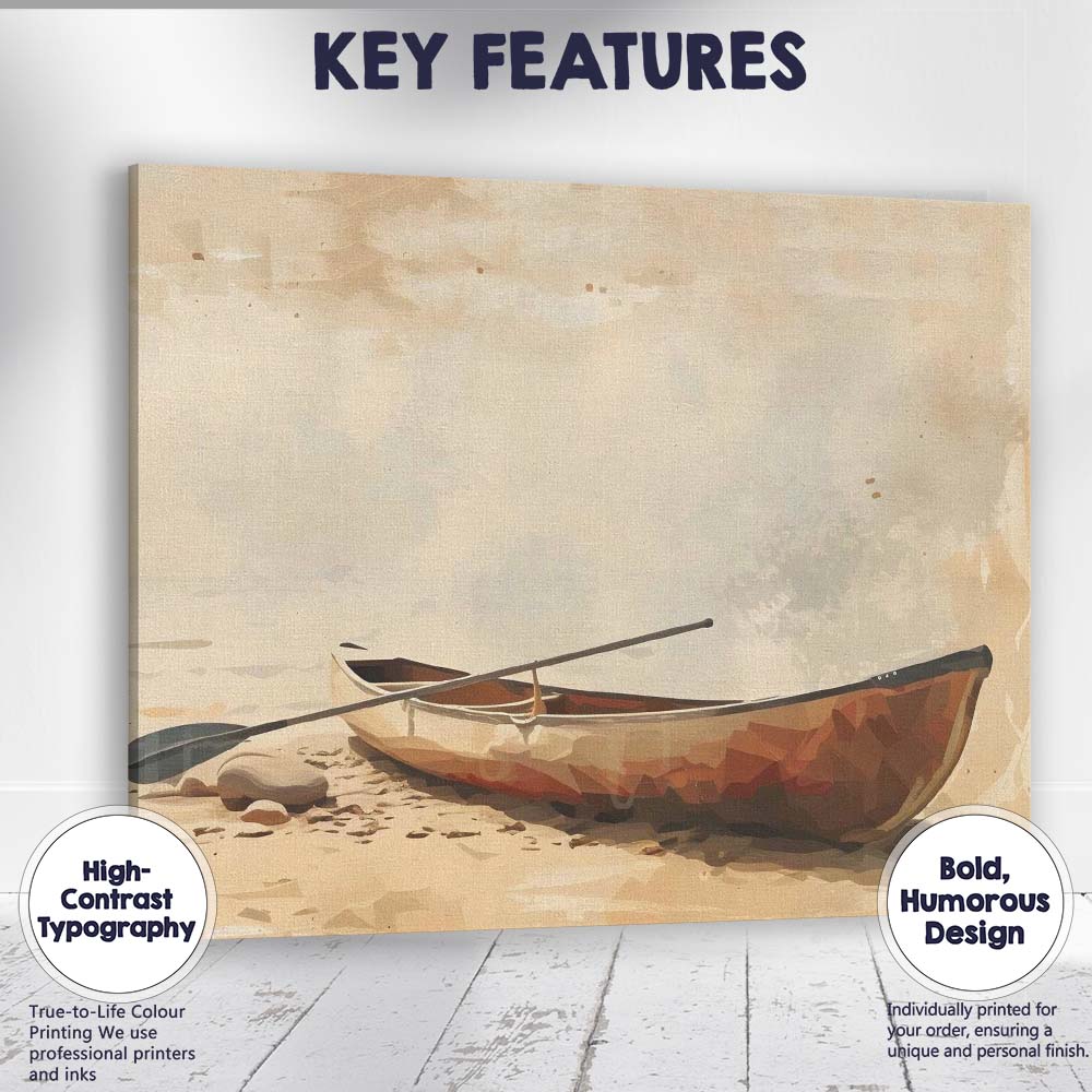 Minimalist Rustic Wooden Rowboat Lakeside Shore Impressionist Canvas Wall Art Print Decor Picture Ready to Hang
