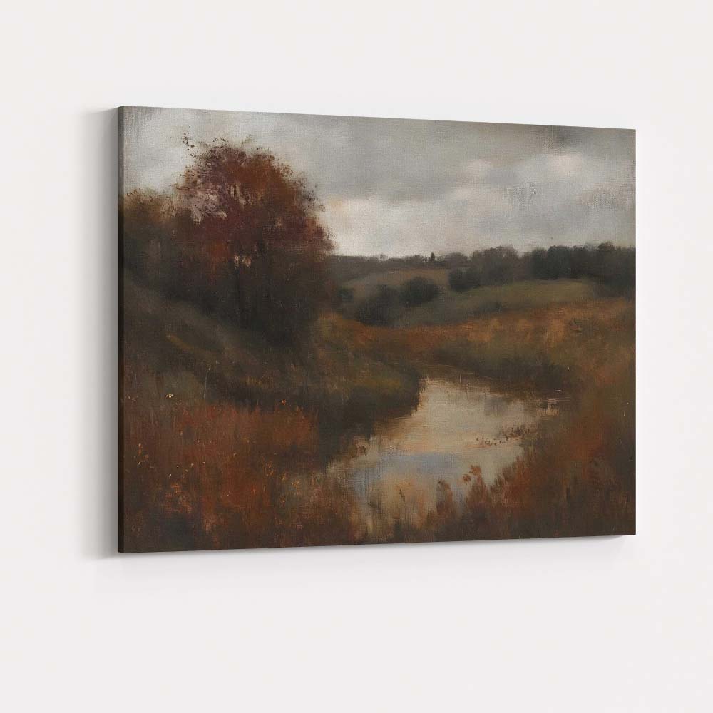 Moody Autumn River Countryside Landscape Impressionist Canvas Wall Art Print Decor Picture Ready to Hang