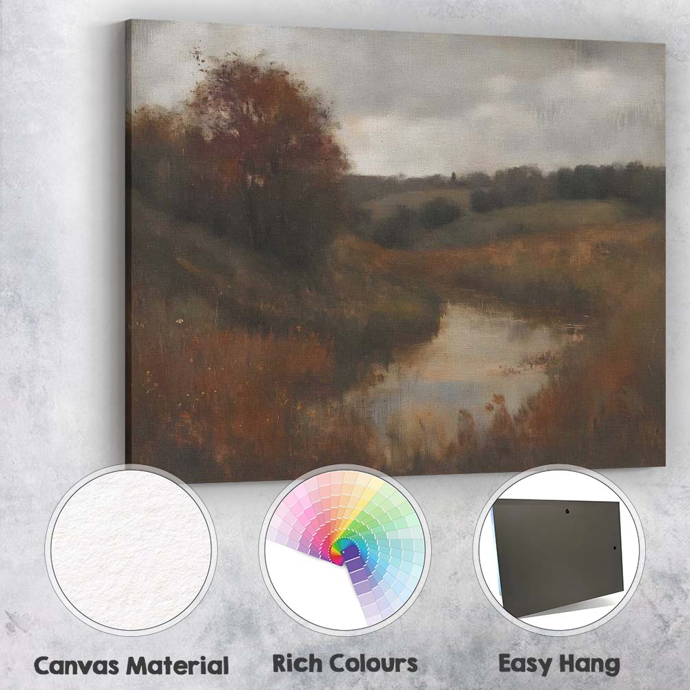 Moody Autumn River Countryside Landscape Impressionist Canvas Wall Art Print Decor Picture Ready to Hang