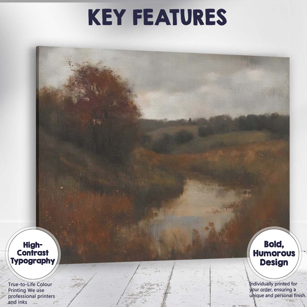 Moody Autumn River Countryside Landscape Impressionist Canvas Wall Art Print Decor Picture Ready to Hang