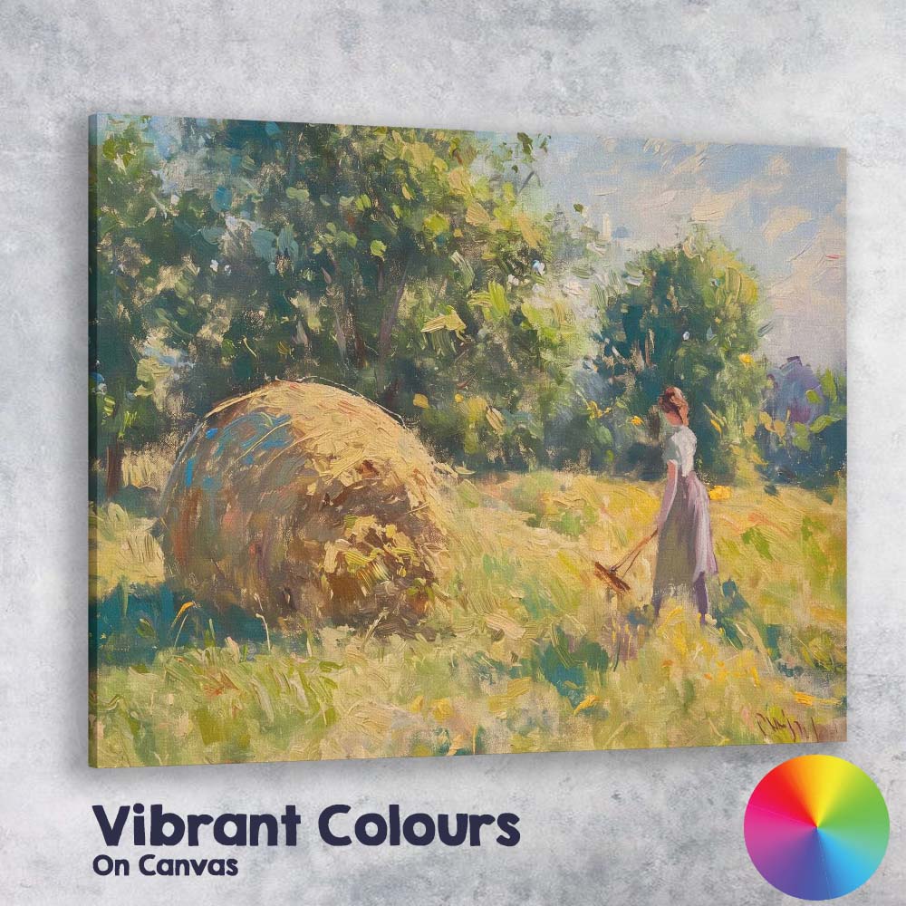 Impressionist Country Girl Hay Bale Summer Meadow Canvas Wall Art Print Decor Picture Ready to Hang