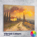 Tuscan Villa Cypress Trees Golden Sunset Oil Painting Landscape Canvas Wall Art Print Decor Picture Ready to Hang