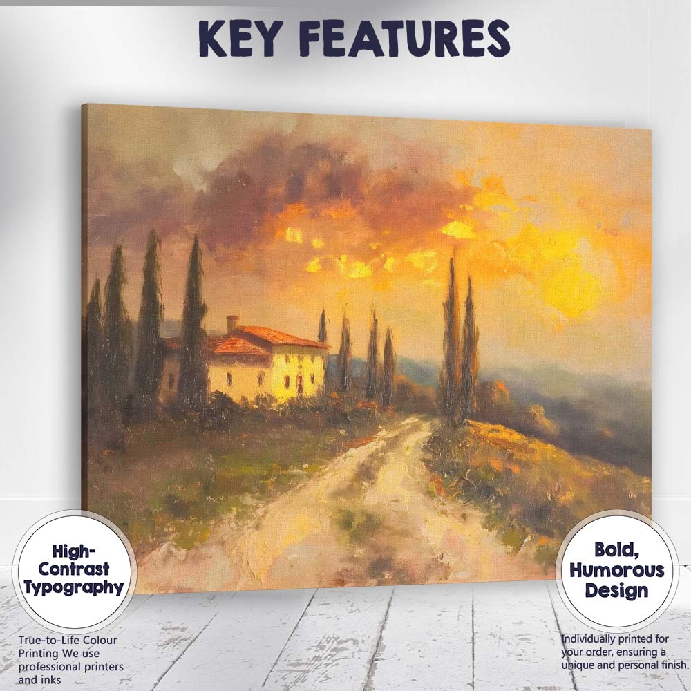 Tuscan Villa Cypress Trees Golden Sunset Oil Painting Landscape Canvas Wall Art Print Decor Picture Ready to Hang