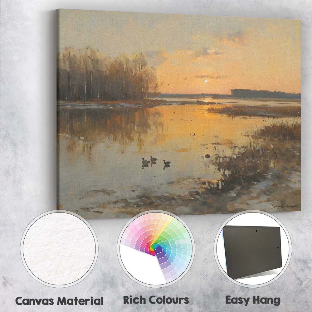 Golden Sunset Wetlands with Ducks Reflective Landscape Canvas Wall Art Print Decor Picture Ready to Hang