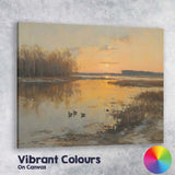 Golden Sunset Wetlands with Ducks Reflective Landscape Canvas Wall Art Print Decor Picture Ready to Hang