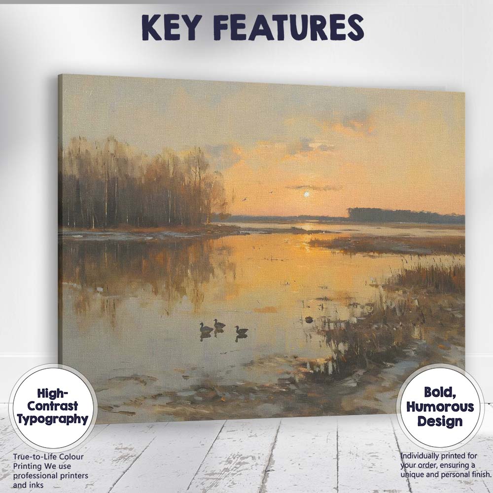 Golden Sunset Wetlands with Ducks Reflective Landscape Canvas Wall Art Print Decor Picture Ready to Hang