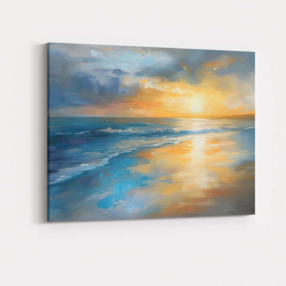 Abstract Coastal Sunset Seascape Blue and Gold Oil Painting Canvas Wall Art Print Decor Picture Ready to Hang