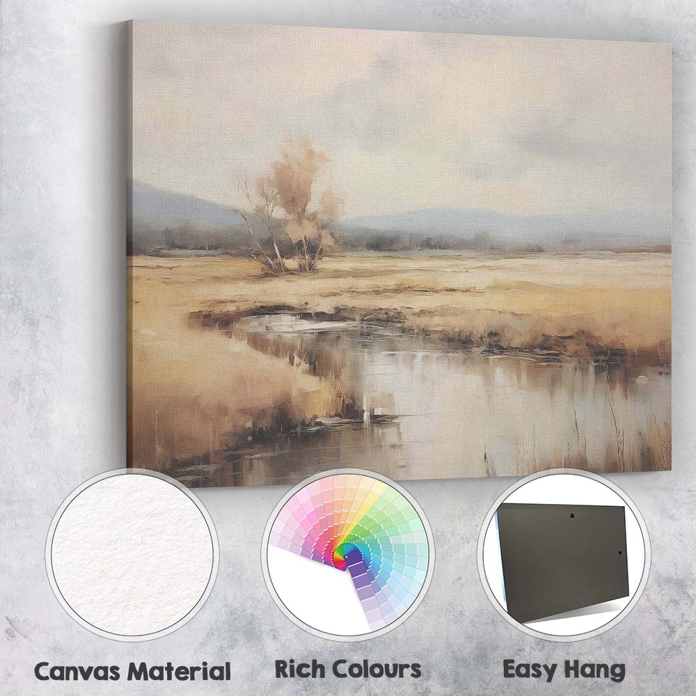 Soft Neutral Meadow Stream Misty Countryside Landscape Impressionist Canvas Wall Art Print Decor Picture Ready to Hang
