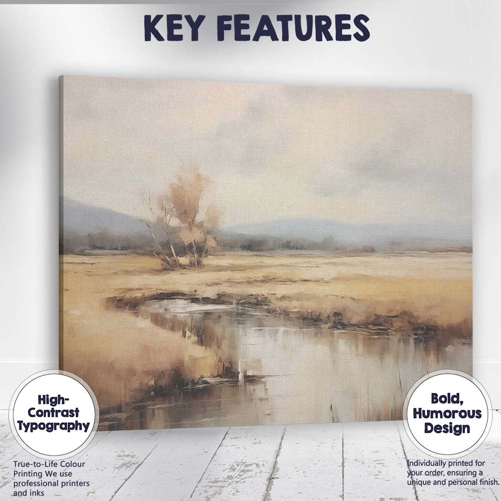 Soft Neutral Meadow Stream Misty Countryside Landscape Impressionist Canvas Wall Art Print Decor Picture Ready to Hang