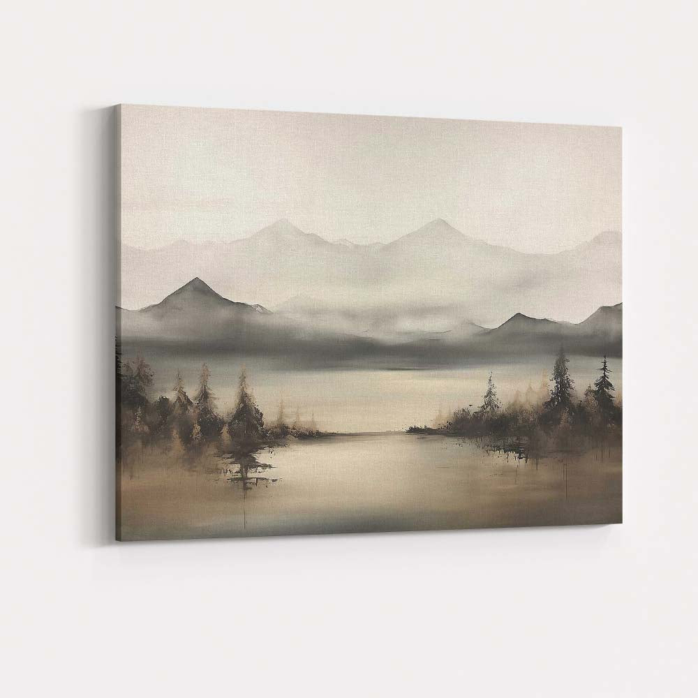 Misty Mountain Lake Panorama Neutral Scenic Landscape Canvas Wall Art Print Decor Picture Ready to Hang