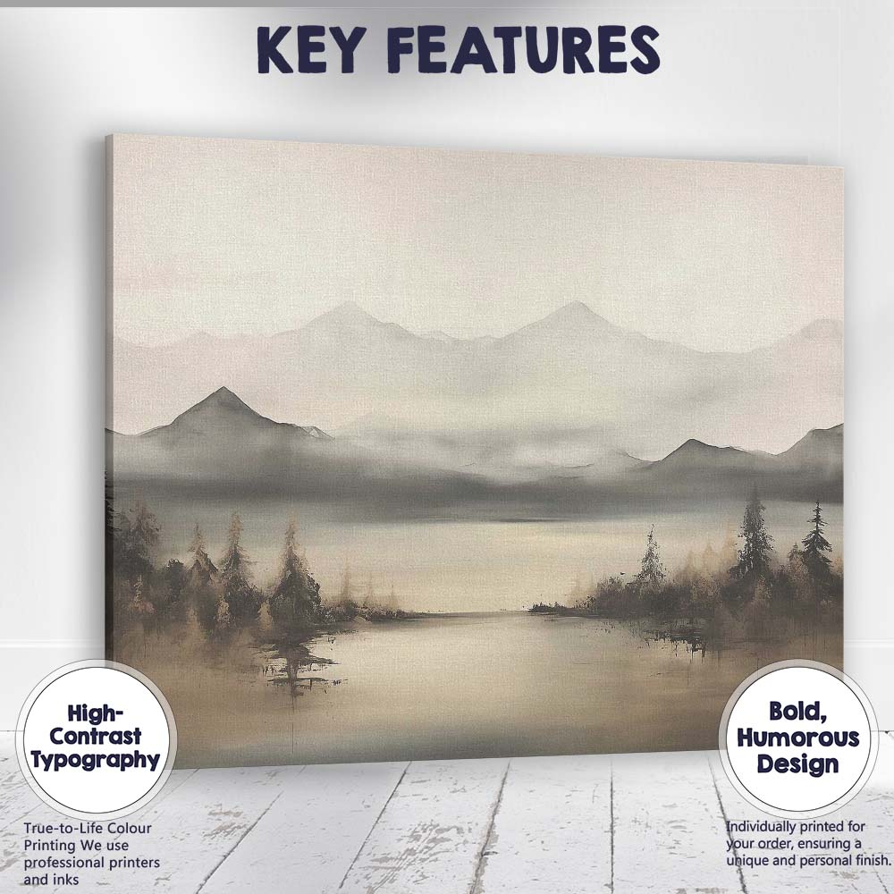Misty Mountain Lake Panorama Neutral Scenic Landscape Canvas Wall Art Print Decor Picture Ready to Hang