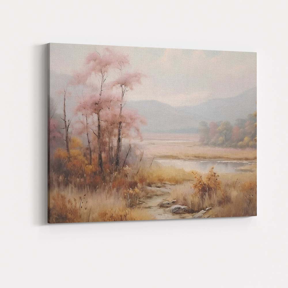 Misty Pink Blossom Lakeside Meadow Landscape Painting Canvas Wall Art Print Decor Picture Ready to Hang