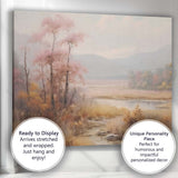 Misty Pink Blossom Lakeside Meadow Landscape Painting Canvas Wall Art Print Decor Picture Ready to Hang