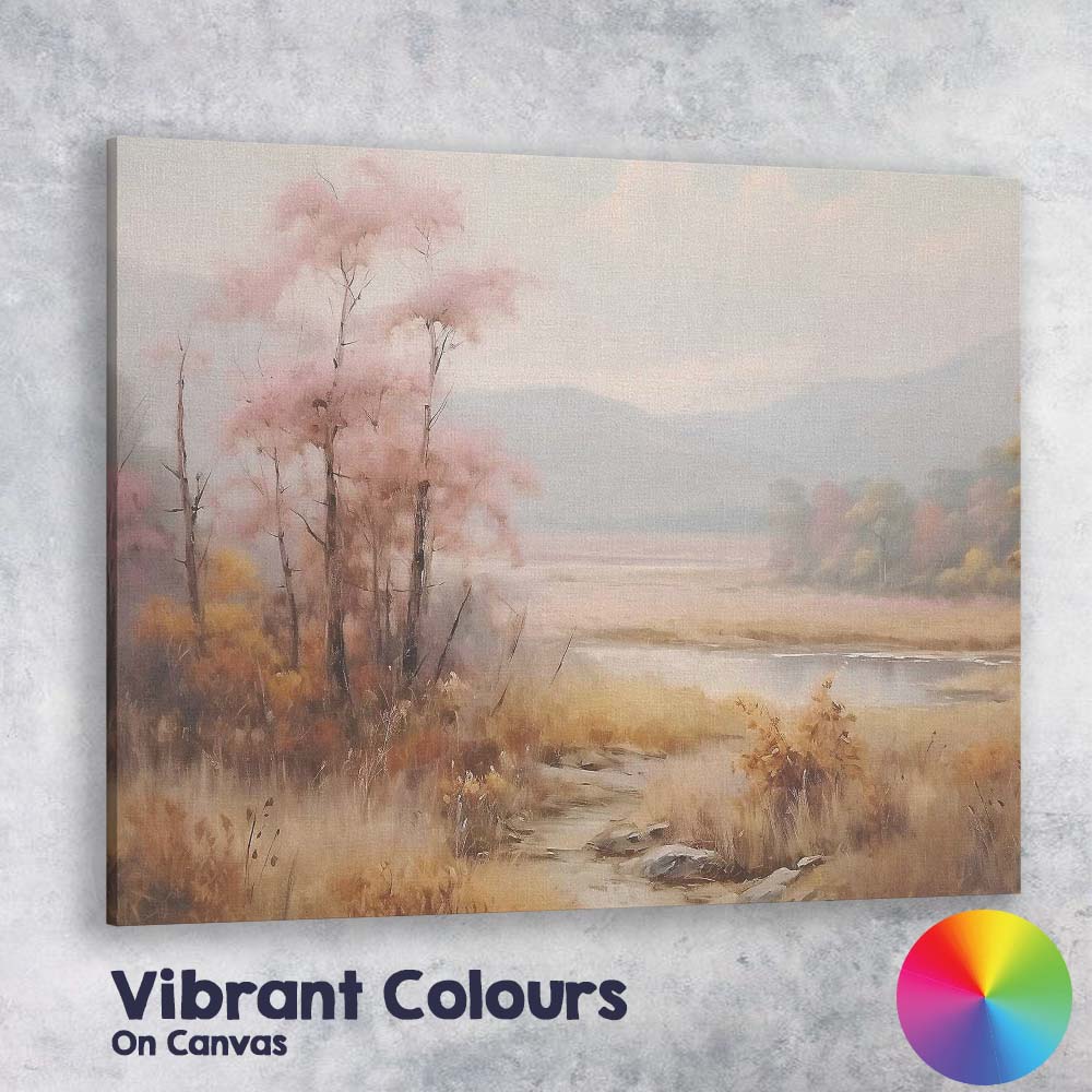 Misty Pink Blossom Lakeside Meadow Landscape Painting Canvas Wall Art Print Decor Picture Ready to Hang