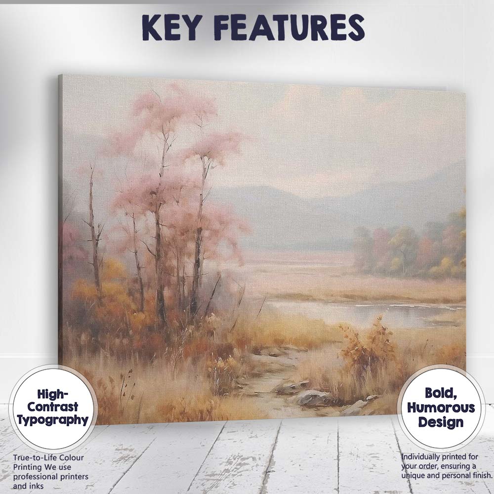 Misty Pink Blossom Lakeside Meadow Landscape Painting Canvas Wall Art Print Decor Picture Ready to Hang