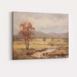 Golden Autumn Wetland With Rustic Tree And Mountain View Canvas Wall Art Print Decor Picture Ready to Hang