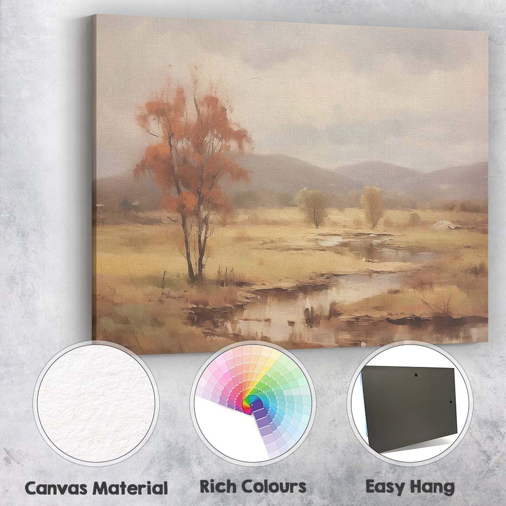 Golden Autumn Wetland With Rustic Tree And Mountain View Canvas Wall Art Print Decor Picture Ready to Hang