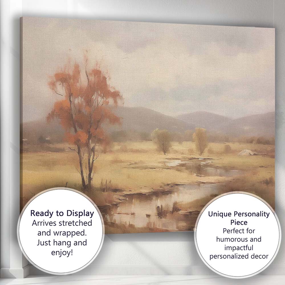 Golden Autumn Wetland With Rustic Tree And Mountain View Canvas Wall Art Print Decor Picture Ready to Hang