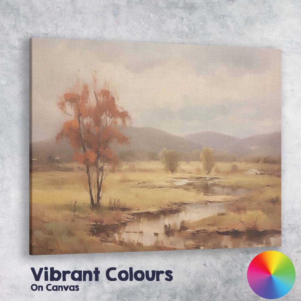 Golden Autumn Wetland With Rustic Tree And Mountain View Canvas Wall Art Print Decor Picture Ready to Hang