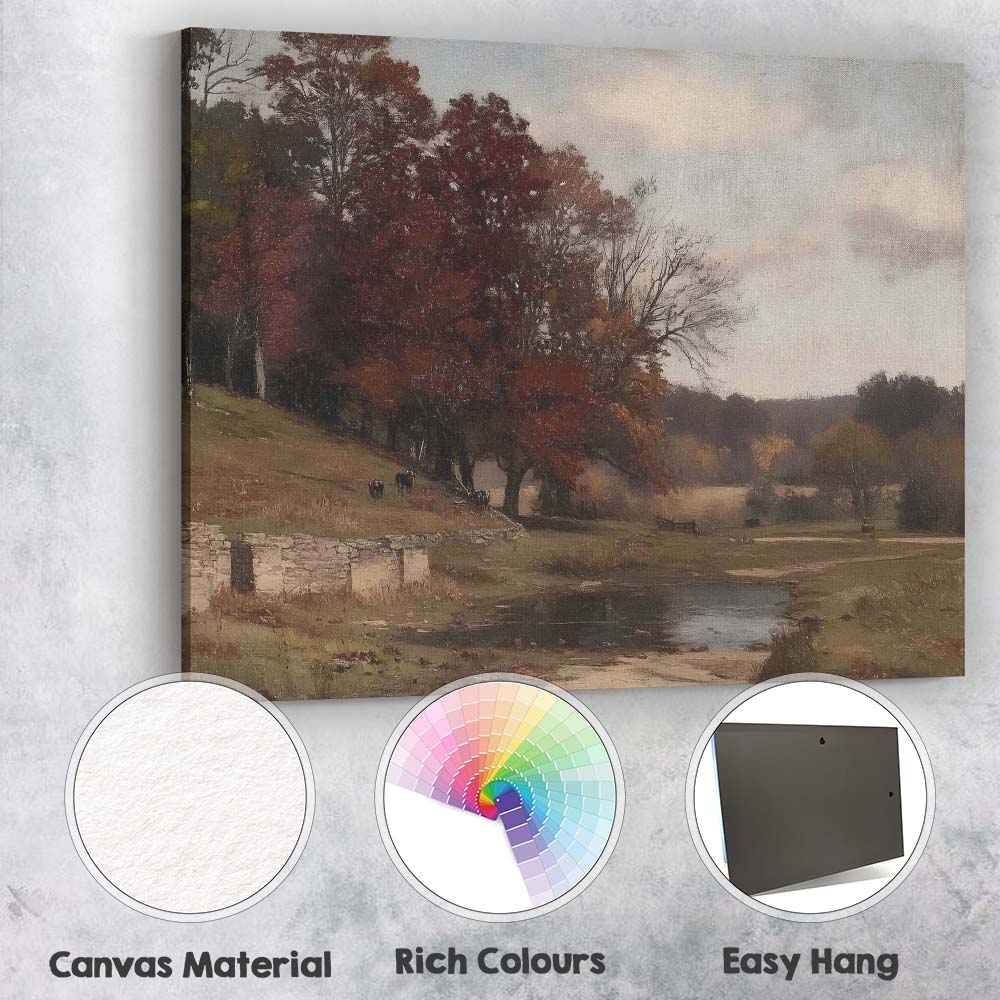 Rustic Countryside Pond With Autumn Trees Landscape Canvas Wall Art Print Decor Picture Ready to Hang