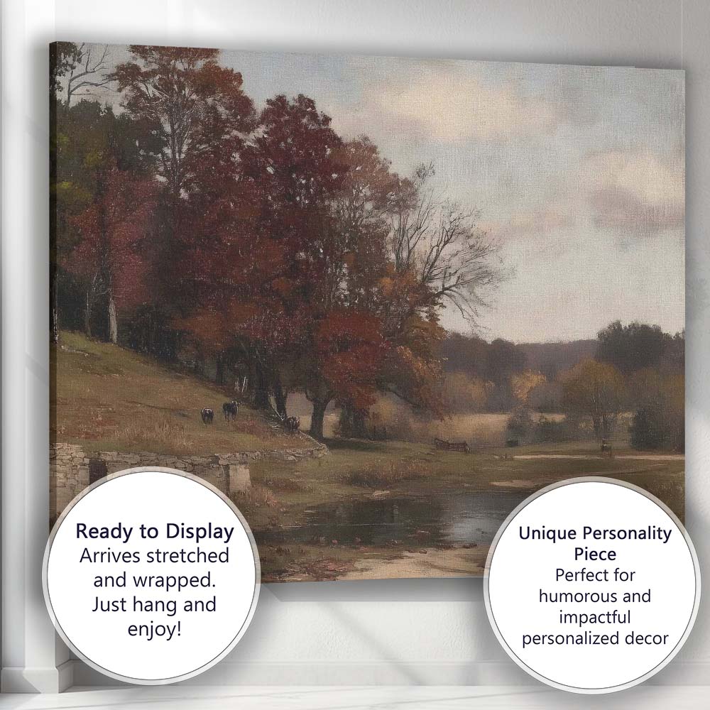 Rustic Countryside Pond With Autumn Trees Landscape Canvas Wall Art Print Decor Picture Ready to Hang