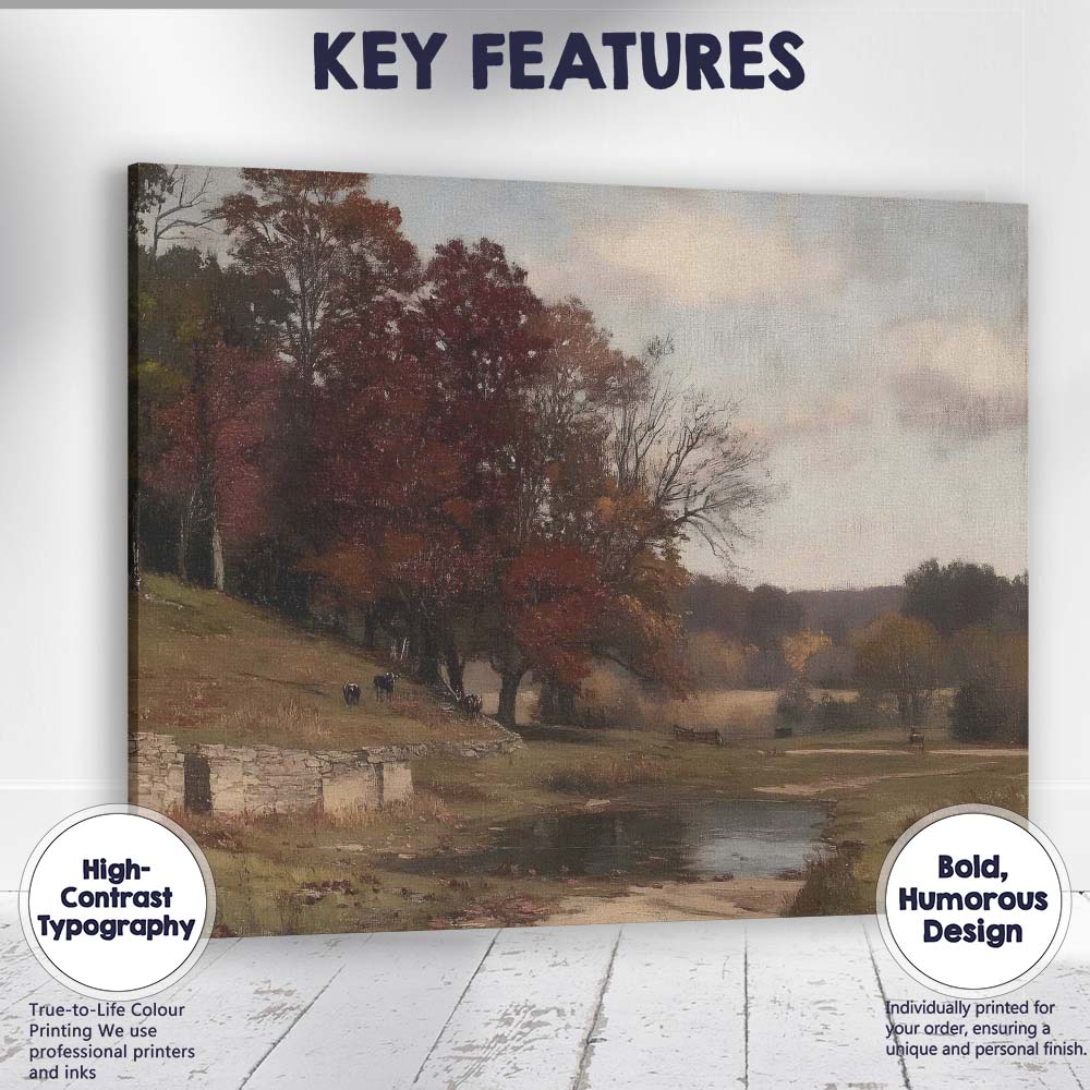 Rustic Countryside Pond With Autumn Trees Landscape Canvas Wall Art Print Decor Picture Ready to Hang