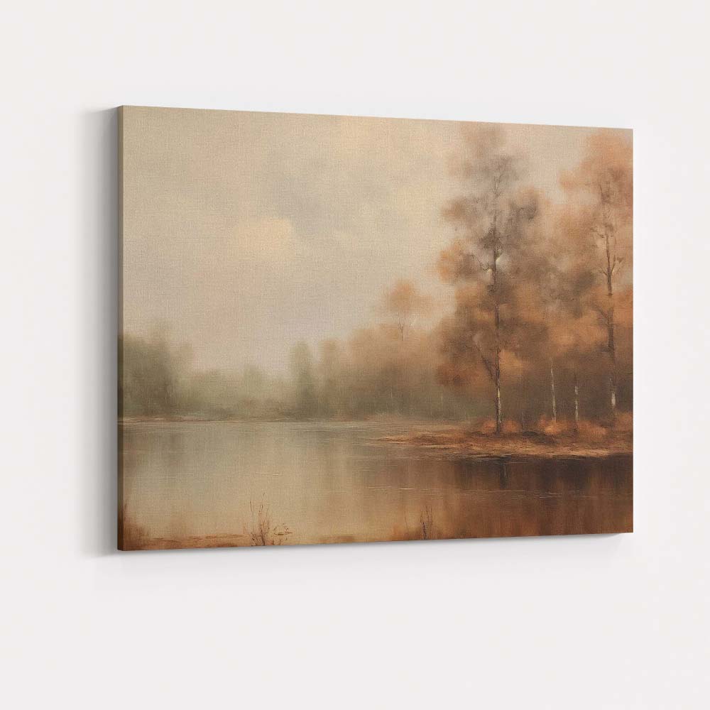 Misty Woodland Lake Autumn Reflection Landscape Painting Canvas Wall Art Print Decor Picture Ready to Hang