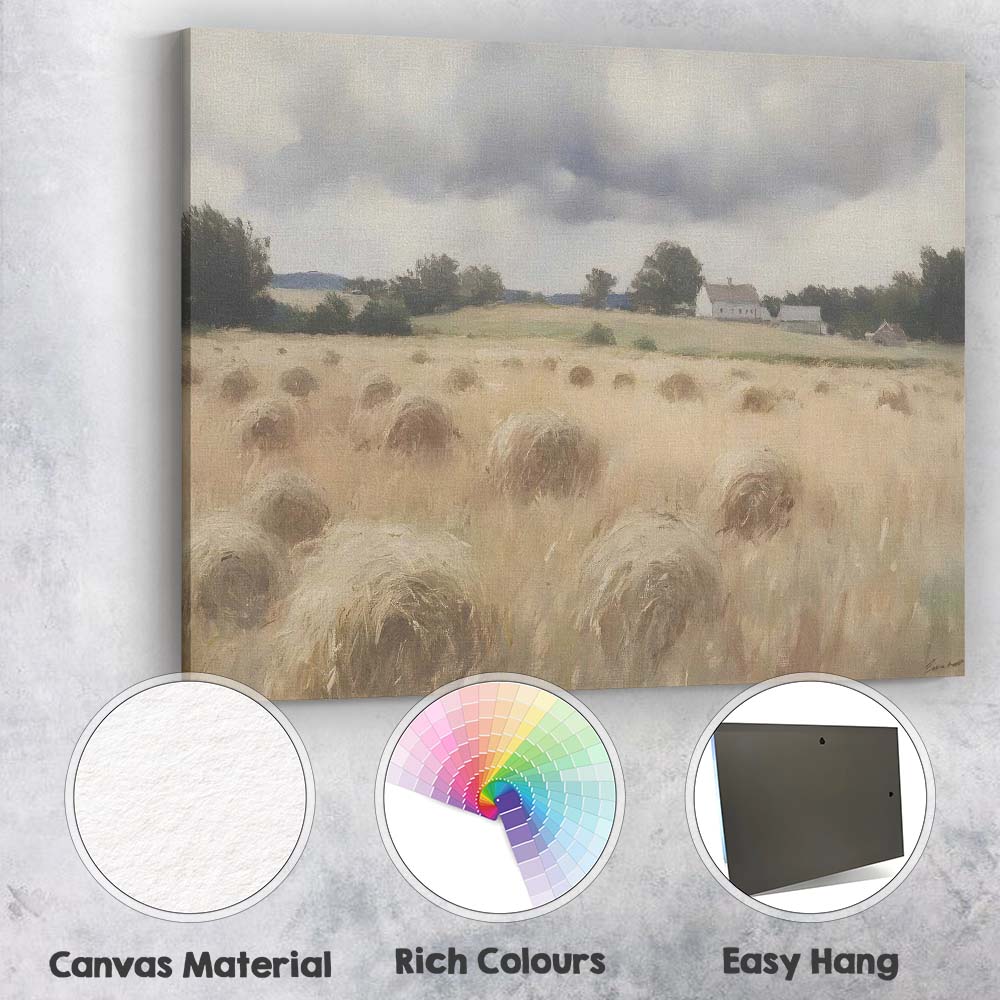 Golden Harvest Hay Bale Countryside Landscape Rustic Farmhouse Canvas Wall Art Print Decor Picture Ready to Hang