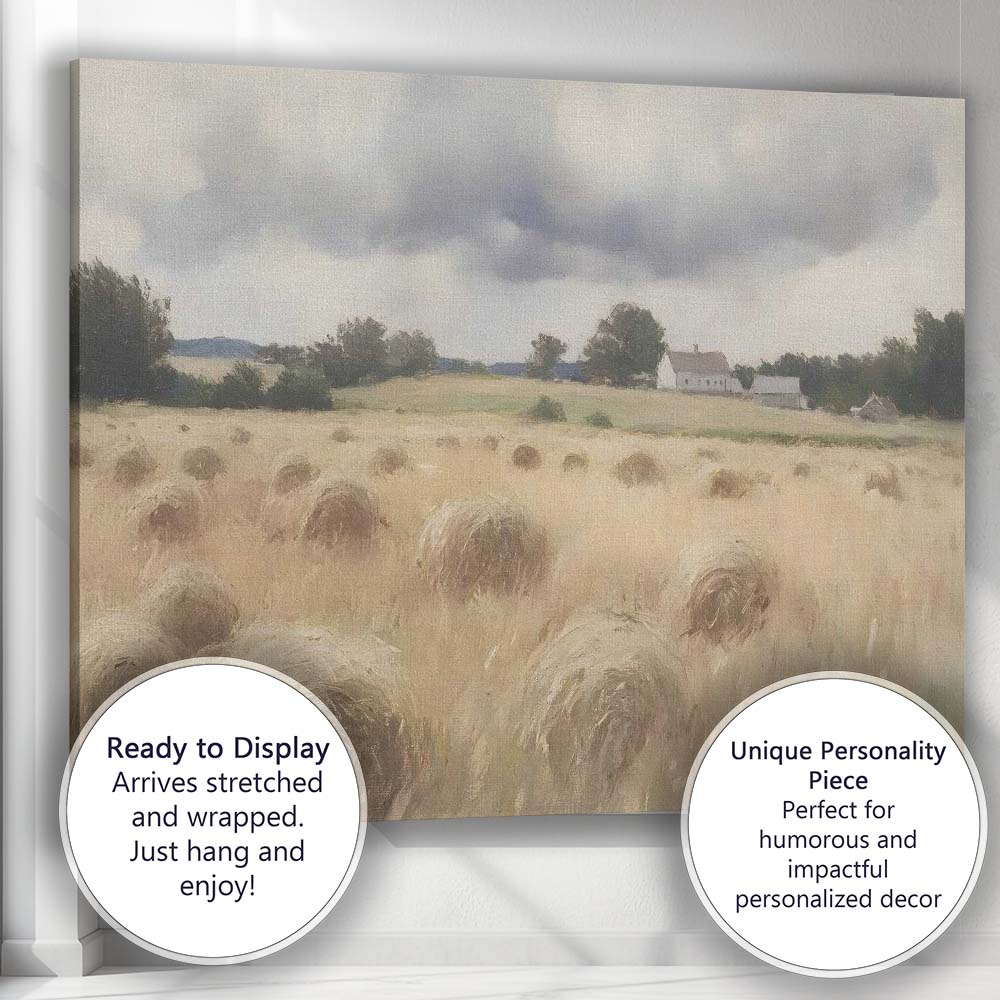 Golden Harvest Hay Bale Countryside Landscape Rustic Farmhouse Canvas Wall Art Print Decor Picture Ready to Hang