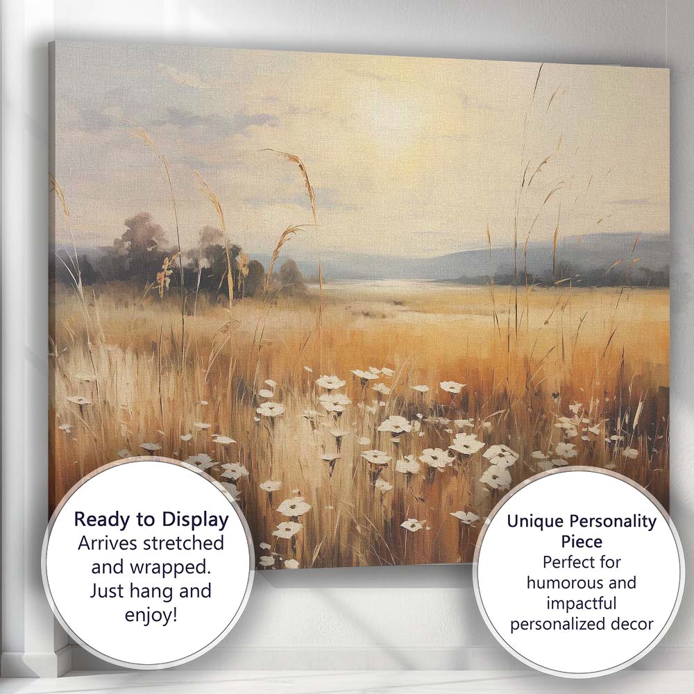 Golden Meadow Wildflowers Sunset Field Landscape Canvas Wall Art Print Decor Picture Ready to Hang