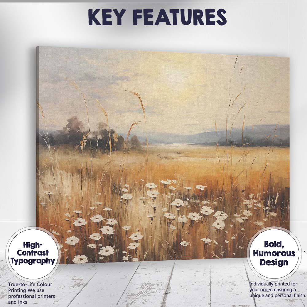Golden Meadow Wildflowers Sunset Field Landscape Canvas Wall Art Print Decor Picture Ready to Hang