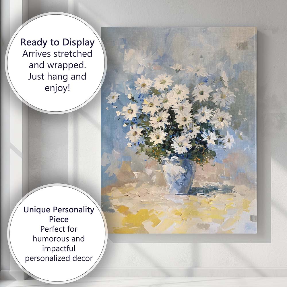 Blue White Daisy Bouquet Impressionist Floral Still Life Canvas Wall Art Print Decor Picture Ready to Hang