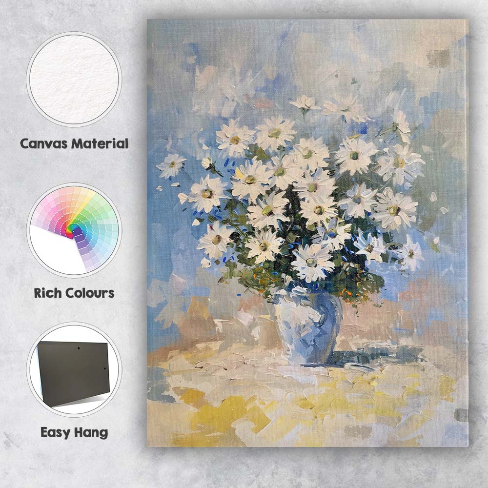 Blue White Daisy Bouquet Impressionist Floral Still Life Canvas Wall Art Print Decor Picture Ready to Hang