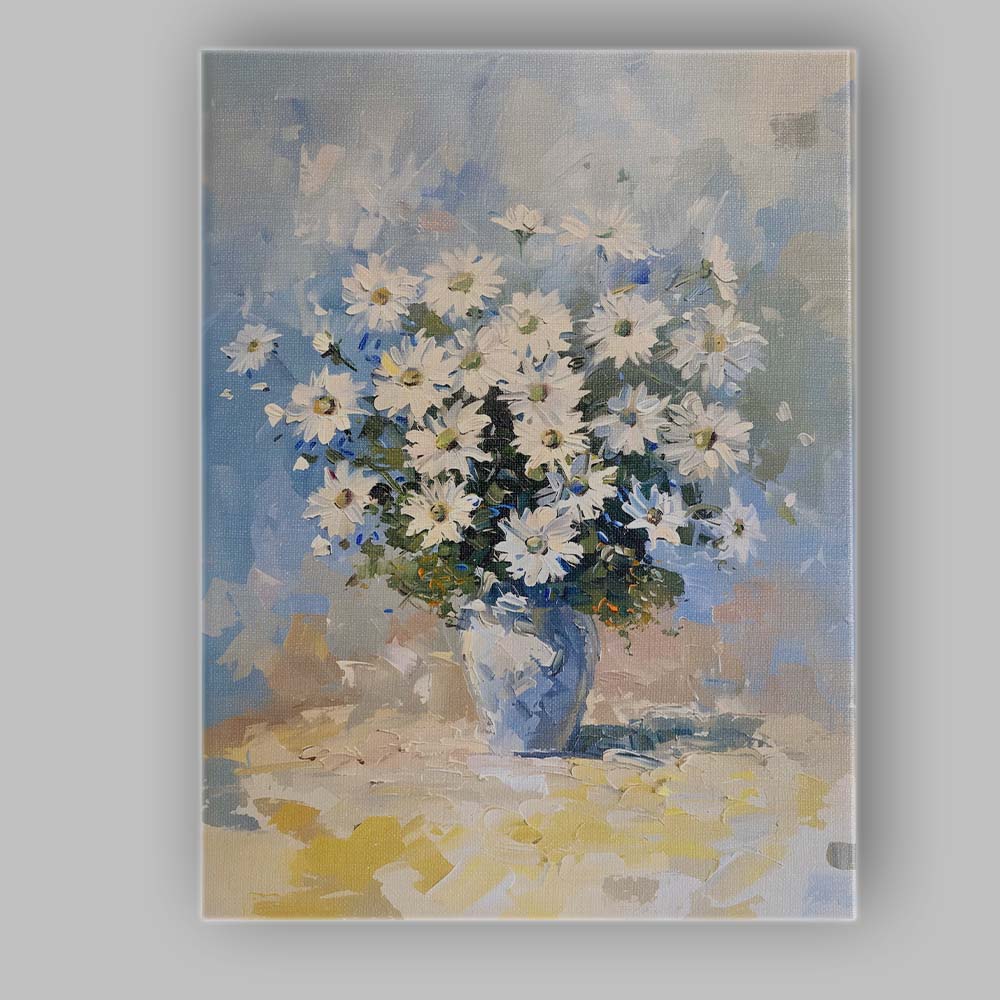 Blue White Daisy Bouquet Impressionist Floral Still Life Canvas Wall Art Print Decor Picture Ready to Hang