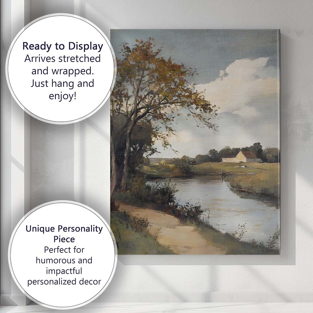 Riverside Country Farmhouse Scenic Pastoral Landscape Canvas Wall Art Print Decor Picture Ready to Hang