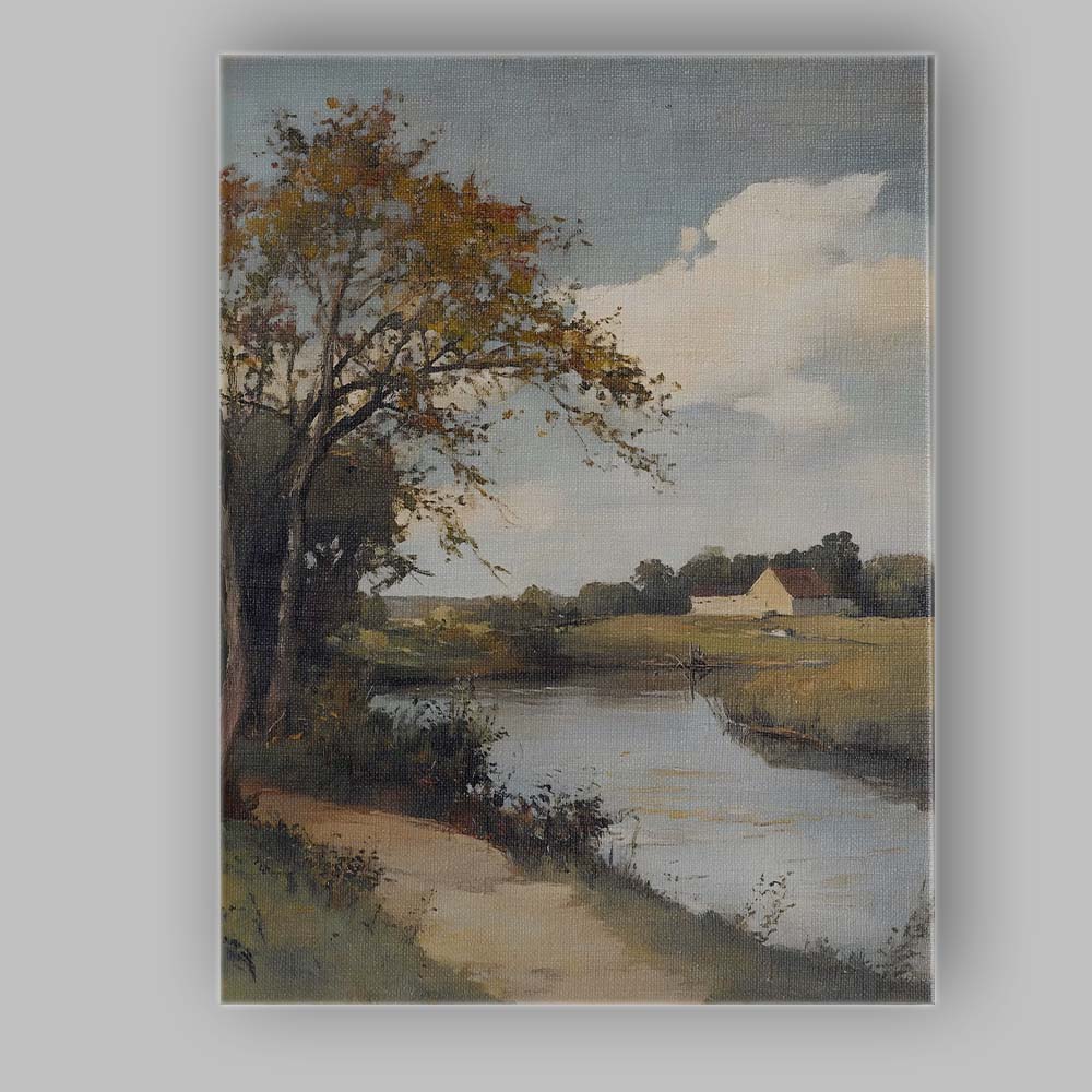 Riverside Country Farmhouse Scenic Pastoral Landscape Canvas Wall Art Print Decor Picture Ready to Hang