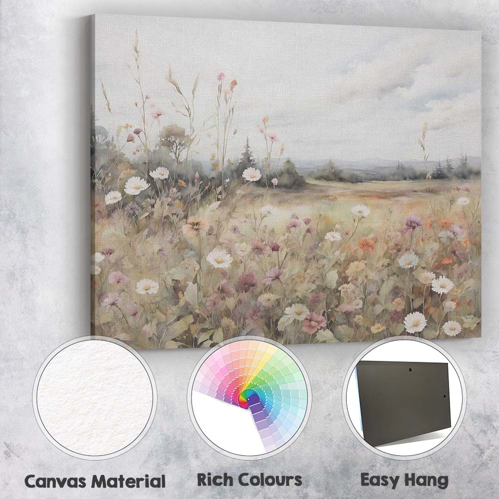 Pastel Wildflower Meadow Watercolour Landscape Canvas Wall Art Print Decor Picture Ready to Hang