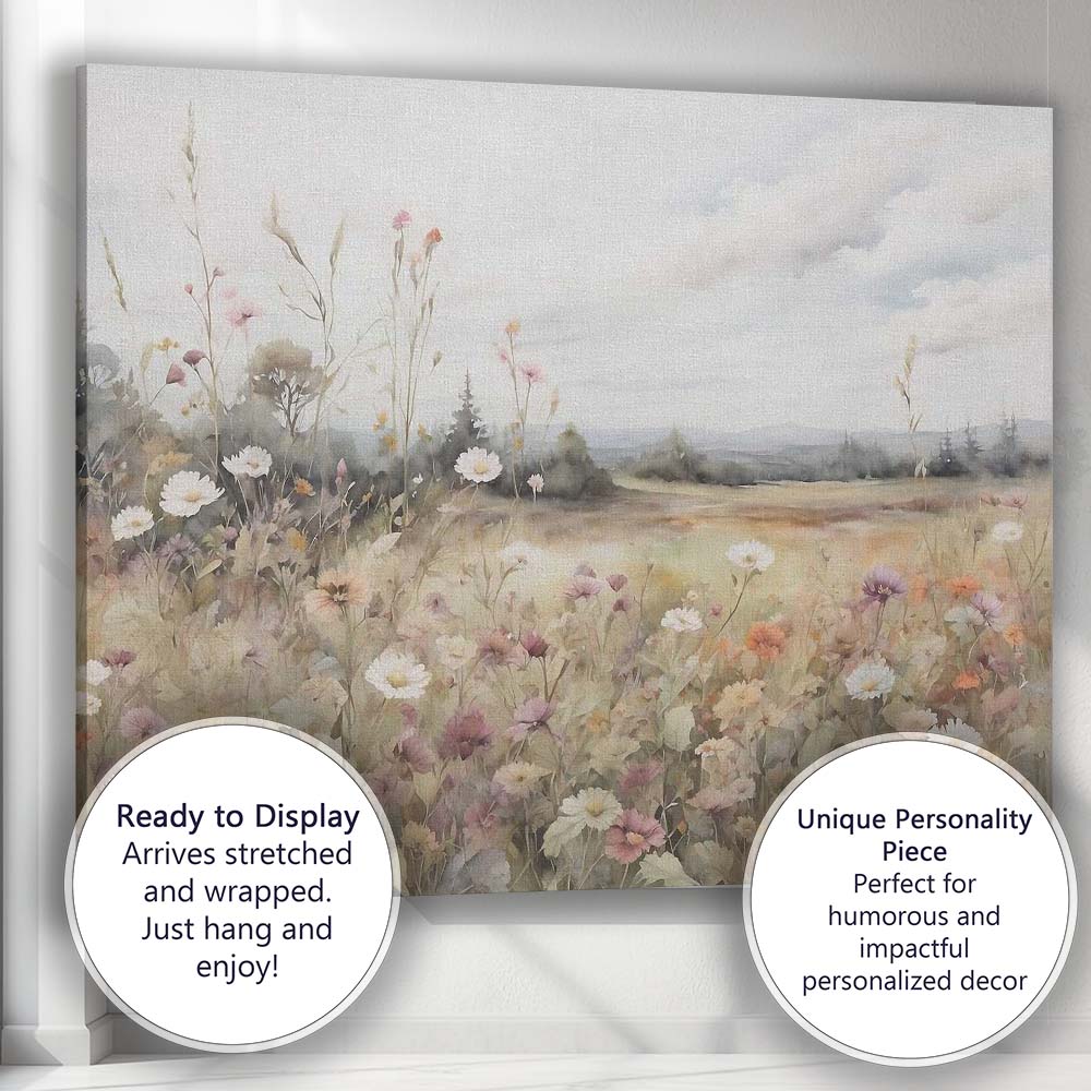 Pastel Wildflower Meadow Watercolour Landscape Canvas Wall Art Print Decor Picture Ready to Hang