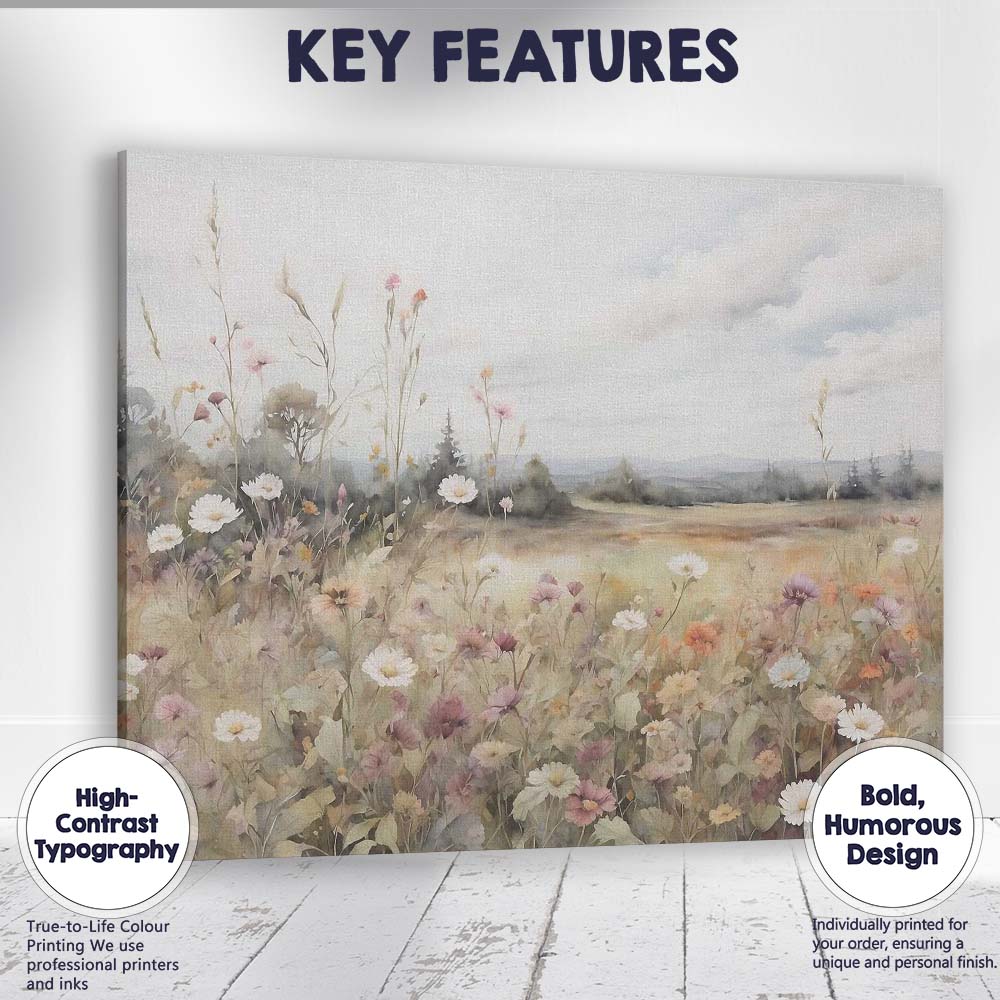 Pastel Wildflower Meadow Watercolour Landscape Canvas Wall Art Print Decor Picture Ready to Hang