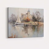Misty Riverside Sailboat and Historic Church Watercolour Landscape Canvas Wall Art Print Decor Picture Ready to Hang