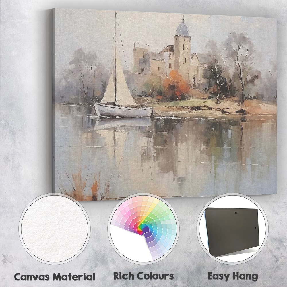 Misty Riverside Sailboat and Historic Church Watercolour Landscape Canvas Wall Art Print Decor Picture Ready to Hang