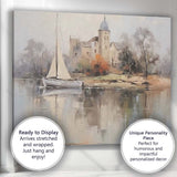Misty Riverside Sailboat and Historic Church Watercolour Landscape Canvas Wall Art Print Decor Picture Ready to Hang