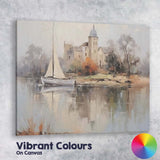 Misty Riverside Sailboat and Historic Church Watercolour Landscape Canvas Wall Art Print Decor Picture Ready to Hang
