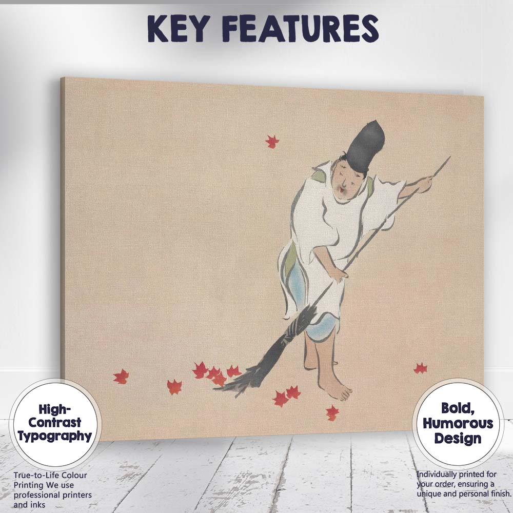Traditional Japanese Autumn Leaf Sweeper Minimalist Illustration Canvas Wall Art Print Decor Picture Ready to Hang