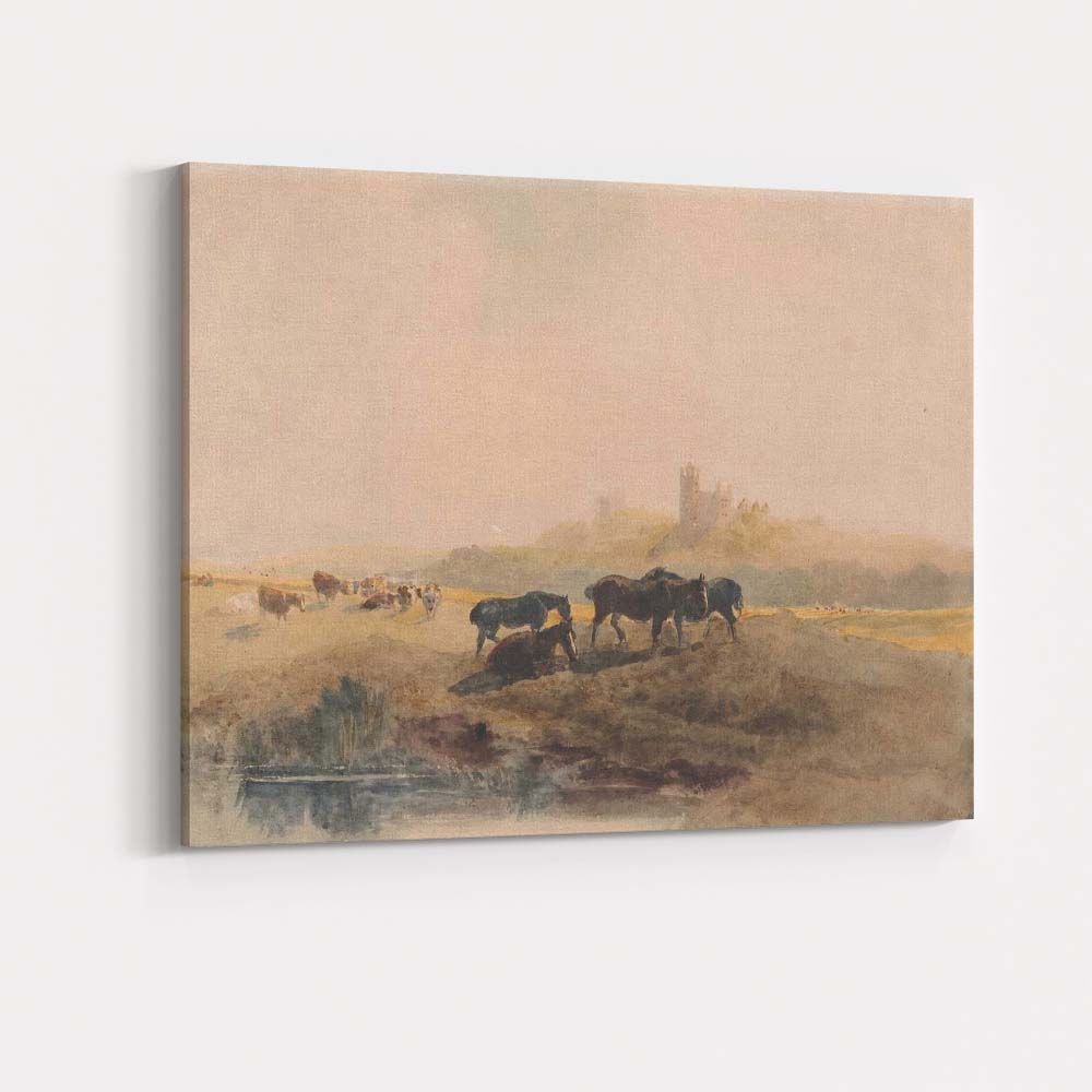 Pastoral Countryside Horses and Castle Watercolour Landscape Canvas Wall Art Print Decor Picture Ready to Hang