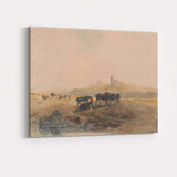 Pastoral Countryside Horses and Castle Watercolour Landscape Canvas Wall Art Print Decor Picture Ready to Hang