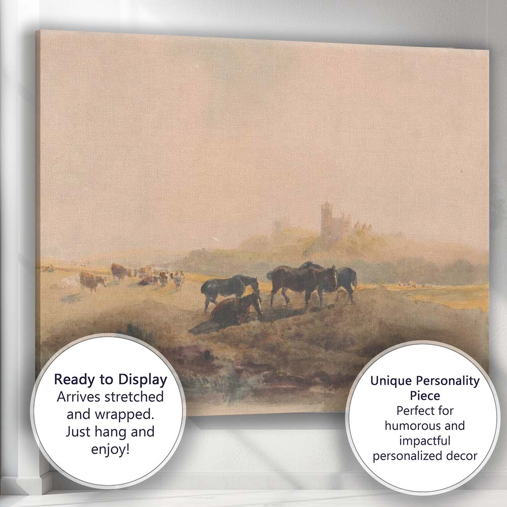 Pastoral Countryside Horses and Castle Watercolour Landscape Canvas Wall Art Print Decor Picture Ready to Hang