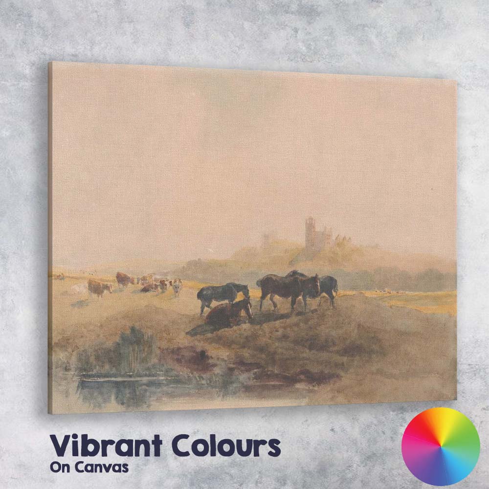 Pastoral Countryside Horses and Castle Watercolour Landscape Canvas Wall Art Print Decor Picture Ready to Hang